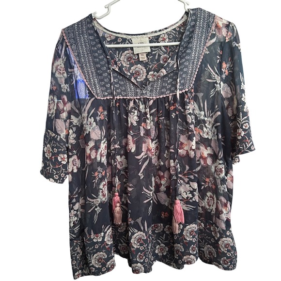 Knox Rose Women's Floral Tassels V Neck Boho Peasant Blouse XL Blue Pink White - Picture 2 of 10